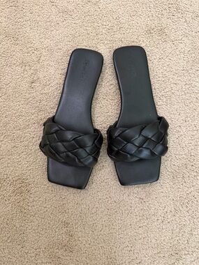 Open Edit Woven Black Slide Sandals for Women